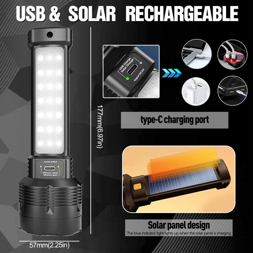 POCKETMAN Solar LED Flashlight – USB Rechargeable 2000 Lumen