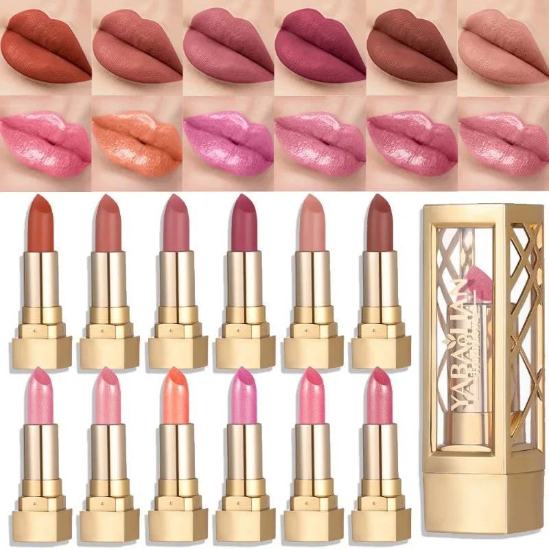 12 Gold Tube Lipstick Matte Pearlescent Glitter Shiny Velvet