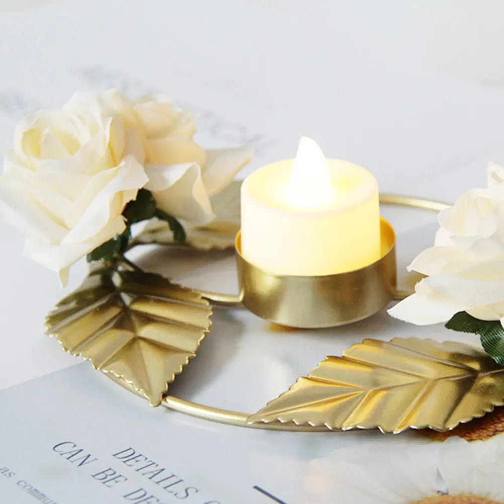 Wreath Holder Realistic Rose Design Metal Golden Table Centerpiece