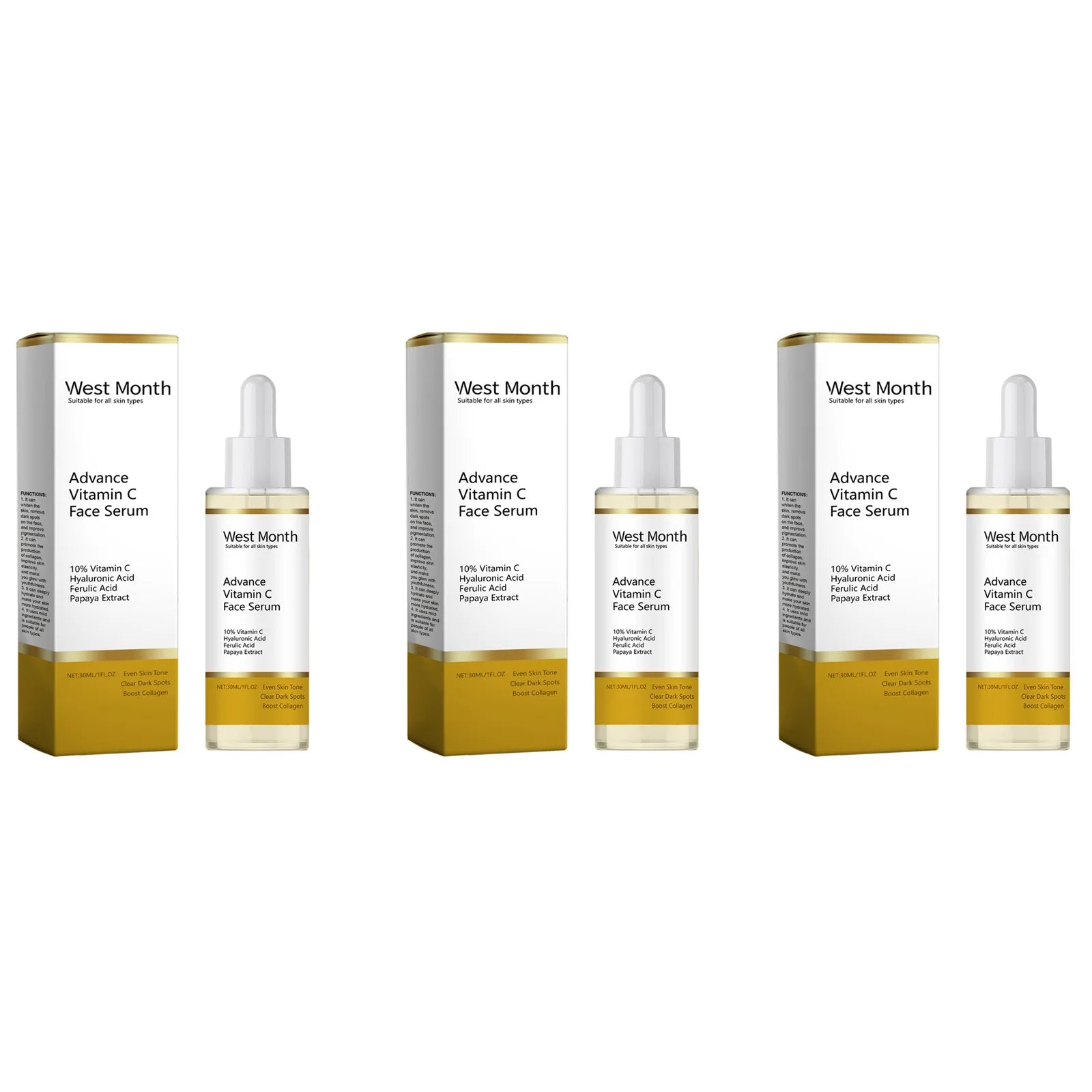 Advance Vitamin C Face Serum Dark Spot Corrector Brightening Facial Skin Even Skin Tone Moisturizing Smoothing Essence Beauty Zpaxo 3 x 30ml Boxed