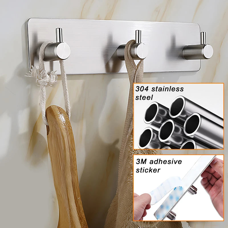 Stainless Steel Self-adhesive Hooks Towel Holder Coat Strong Hardware