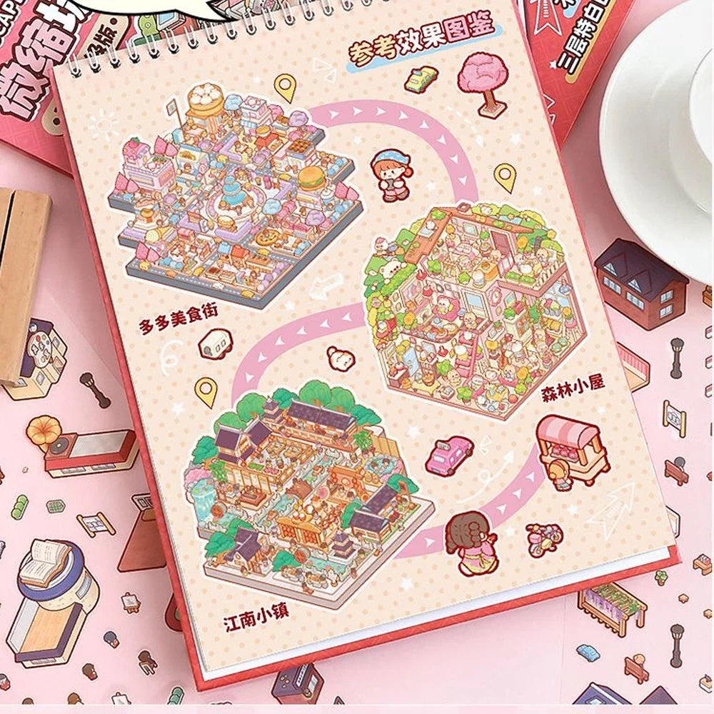 Scenes Cartoon Landscape Sticker Book 3D Miniature Scenography Cabin Pocket Sticker Visual Stacking Scene Stickers DIY Gift Zpaxo