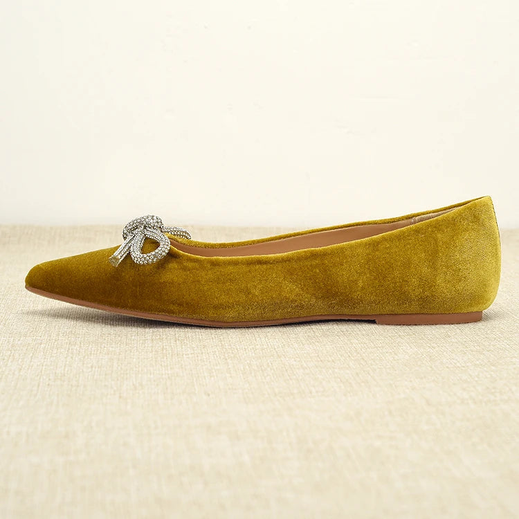 Flat Shoes for Women Spring Autumn New 2025 Butterfly Bow Diamond Velvet Pointed Toe Shallow Mouth Flat Plus Size Women's Shoe Zpaxo Yellow 35
