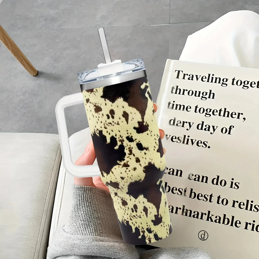 Christmas New Year gift 40oz Portable Stainless Steel Coffee Cup - Large Capacity Leopard Print Straw Water Bottle Zpaxo