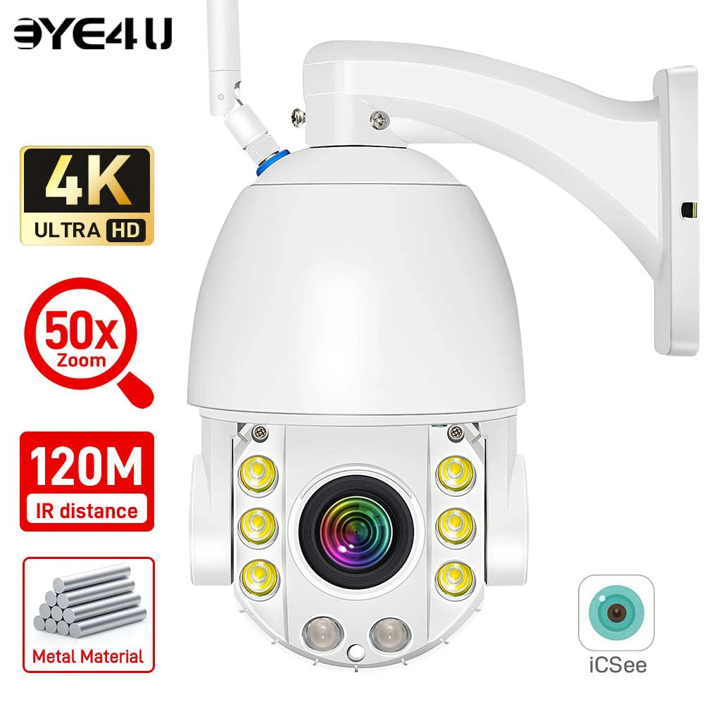 4K 8MP WiFi Security Camera Outdoor 50X Zoom 120M IR Distance PTZ Video IP Cam Auto Tracking Metal Shell Waterproof Surveillance Zpaxo 8MP Camera Add 128G EU Plug
