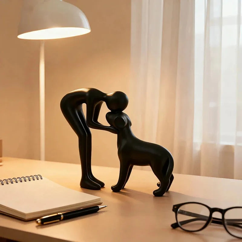 Abstract Art Sculpture Figurine Black Dog Owner Statue Interactive