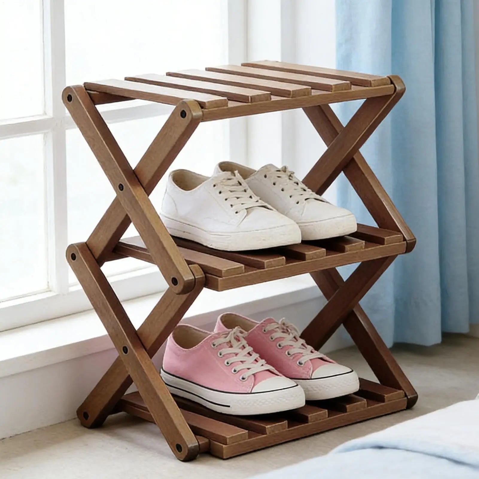 Wood Shoe Rack 3-Tier Expandable Adjustable Folding Organizer Wooden