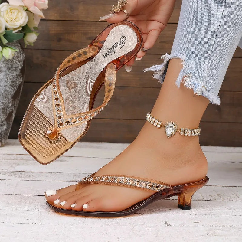 Women's Square Clip-toe Rhinestone Embellishment Comfortable Mid Heel Zpaxo