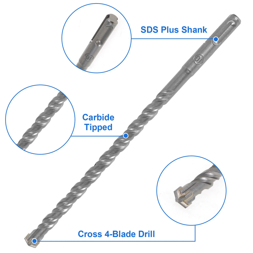 10Pcs SDS Plus Hammer Impact Drill Bit Set 5mm to 12mm Carbide Rotary Hammer Drill Bits Easy to Use for Stone Concrete Granite Zpaxo