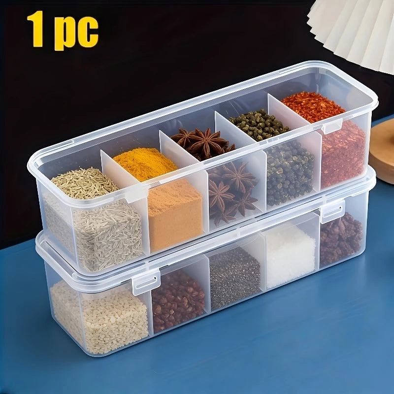 5-Compartment Spice Storage Box Lid Large Organizer Salt Pepper