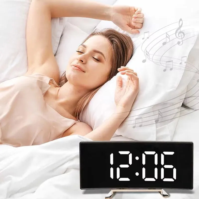Creative Curved Electronic Clock LED Large Mirror Alarm Silent Smart