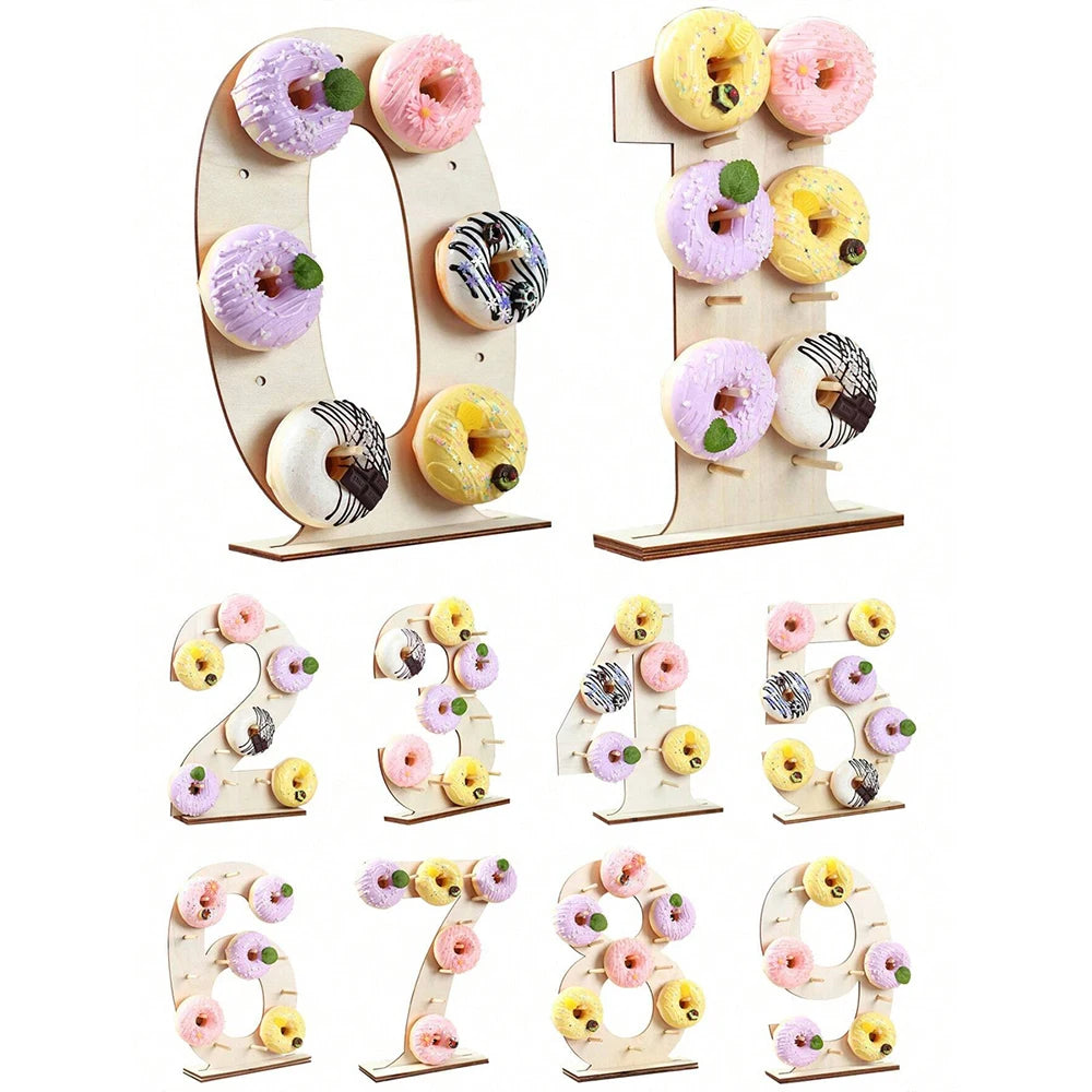 Number 0-9 Wooden Donut Display Stand Holder Board Table Desserts Stand for Birthday Party Wedding Baby Shower Zpaxo