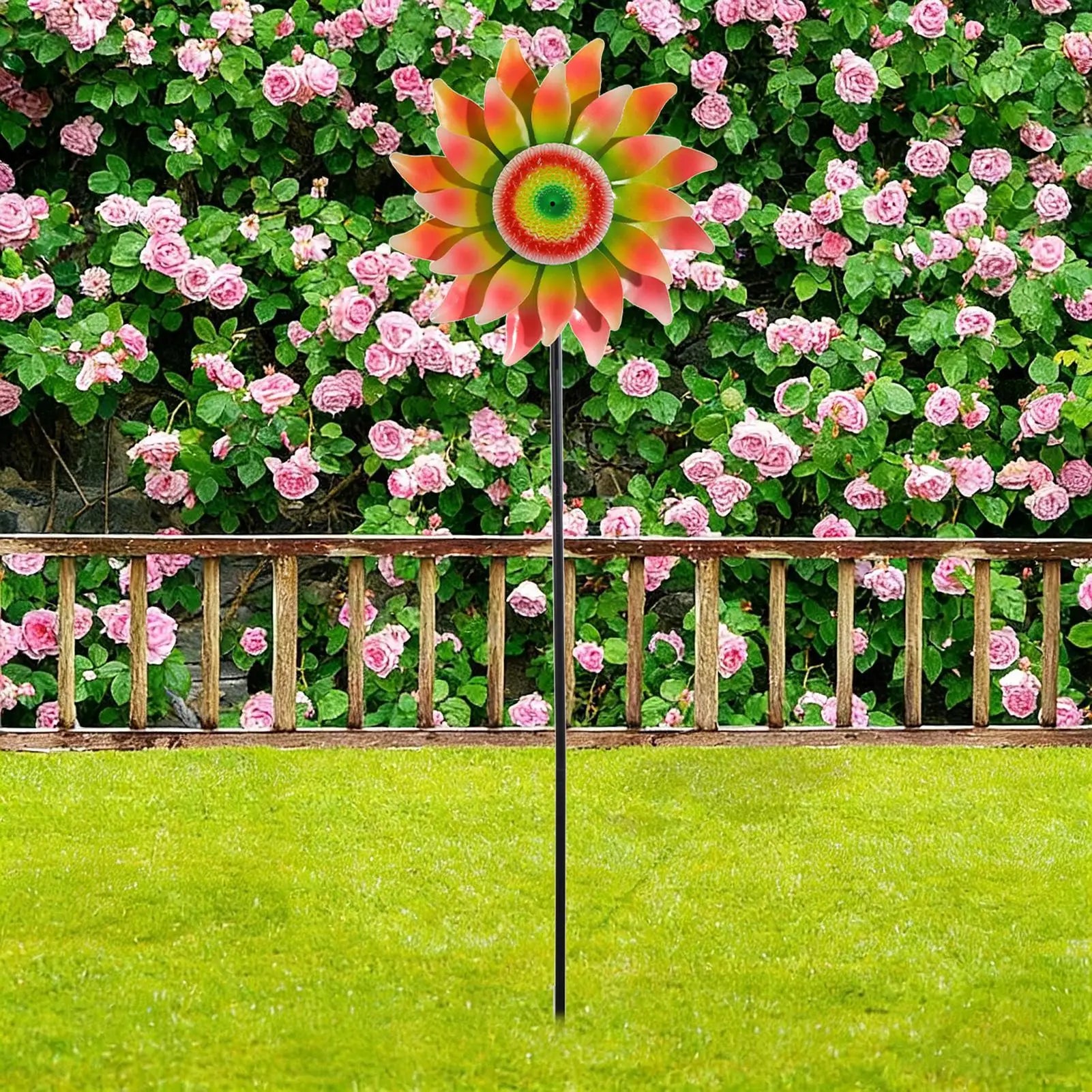 Garden Wind Spinners Metal Flower Windmill Stake Spinner Yard Outside