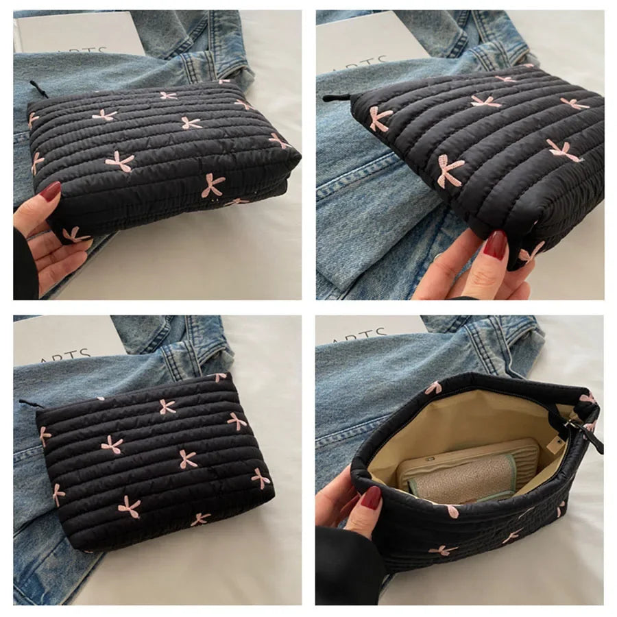 Cute Makeup Bag with Zipper Large Capacity Cosmetic Bag Embroidery Bow Wash Storage Bag Zpaxo