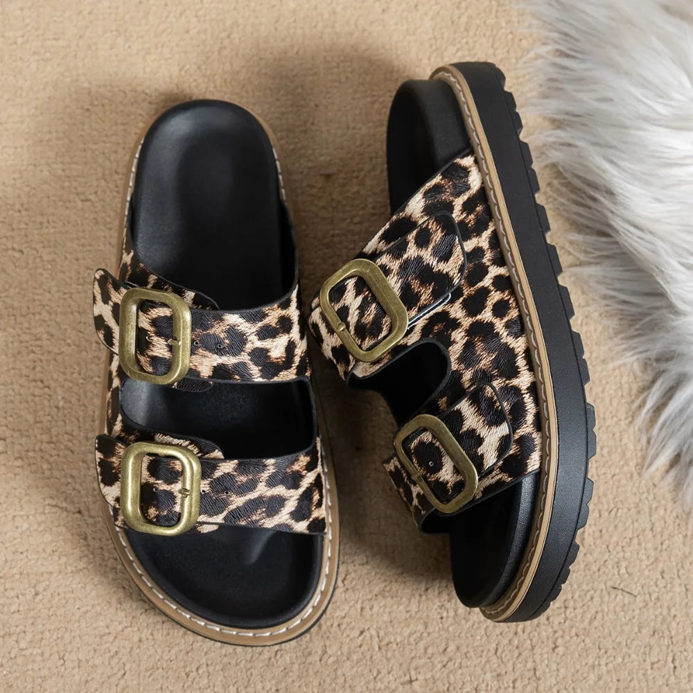 Leopard Print Thick Soled Slippers Women 2026 Summer Open Toe Beach