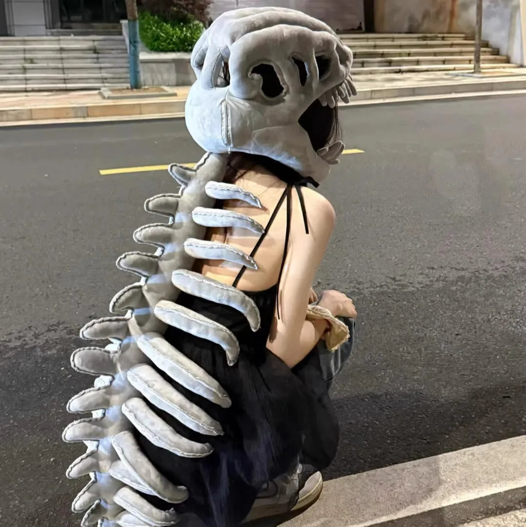 Chinese Dinosaur Skeleton Plush Hoodie Costume Roleplay Outfit Mask