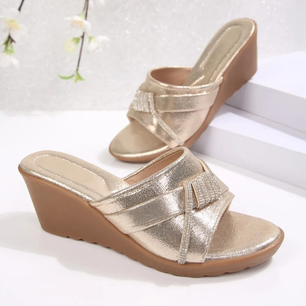 2026 Women's Slope Heel Slippers Summer Thick Bottom Fish Mouth One Zpaxo 36 Gold