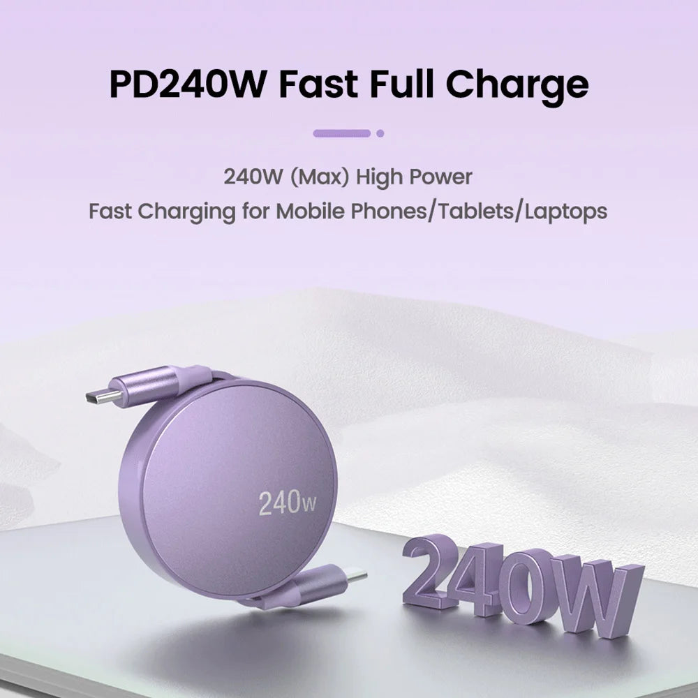 240W Type C Retractable Cable USB C PD Fast Charging Data Wire For iPhone 16 Xiaomi Huawei MacBook iPad Laptop PC Charging Cable Zpaxo