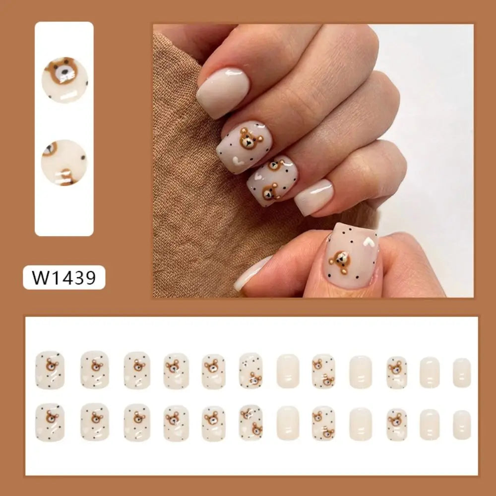 Short Round False Nails French Bear Glitter Butterfly Full Cover Zpaxo