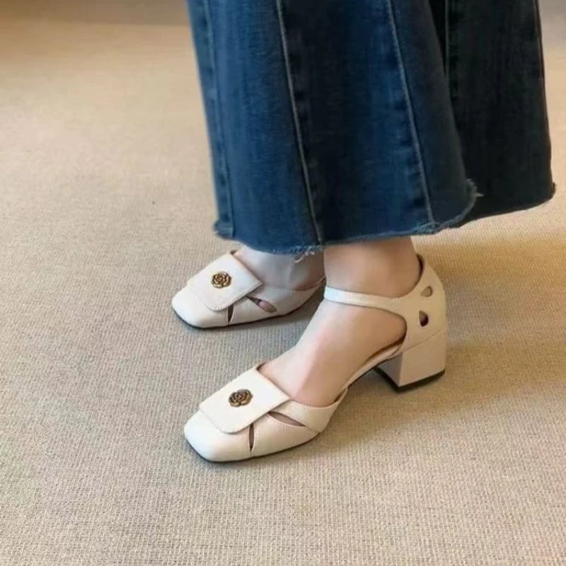 Hollow-out Baotou Sandals with One-word Buckle Belt Commuter Temperament Square-toe Thick Heeled Single-layer Shoes for Women Zpaxo