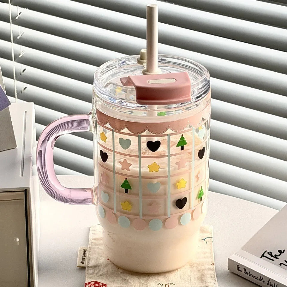 760ml Cute Large Capacity Handle Straw Cup, High Borosilicate Glass Cup, Summer Portable Double Drinking Household Handy Cup Zpaxo Pink