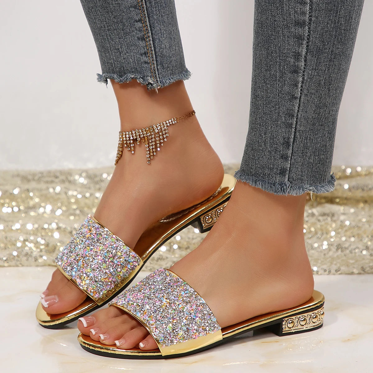 Women Slippers Luxury Designer Shiny Fashion Slippers Outdoor Slides Women Summer Bling Open Toe Shoes Glitter High Heel Sandals Zpaxo champagne 43
