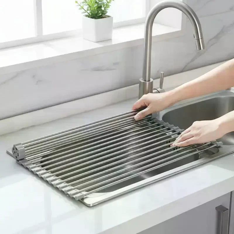 Roll-Up Stainless Steel Dish Drying Rack – Foldable Drain Mat Dish Drying Rack Zpaxo