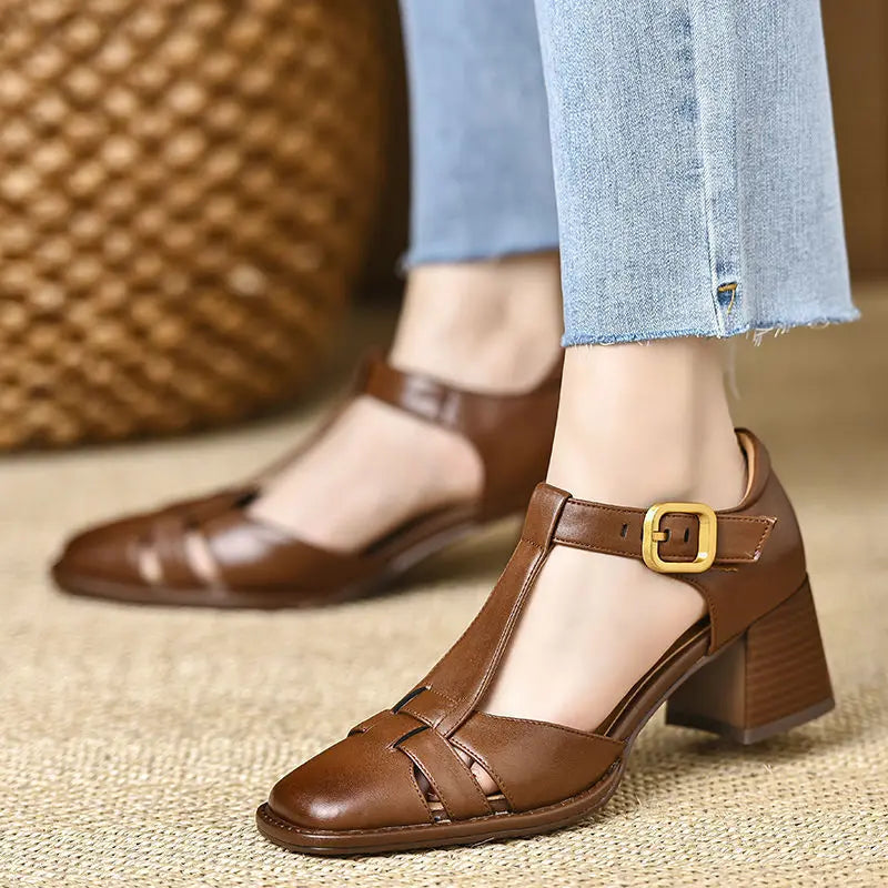 2025 Fashion Classics Leather Sandals Woman Thick Heels Office Ladies