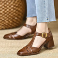 2025 New Fashion Classics Genuine Leather Sandals Woman Thick High Heels Sandals Office Ladies Dress Summer Shoes Heels Women Zpaxo Brown 35