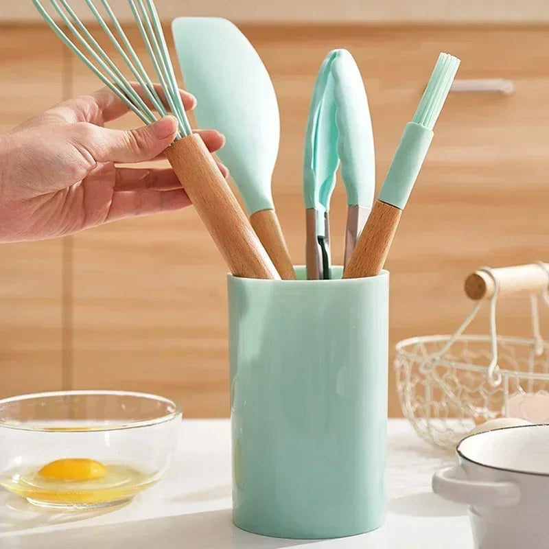 12-Piece Silicone Kitchen Utensils Set with Wooden Handles Cooking Utensil Set Zpaxo