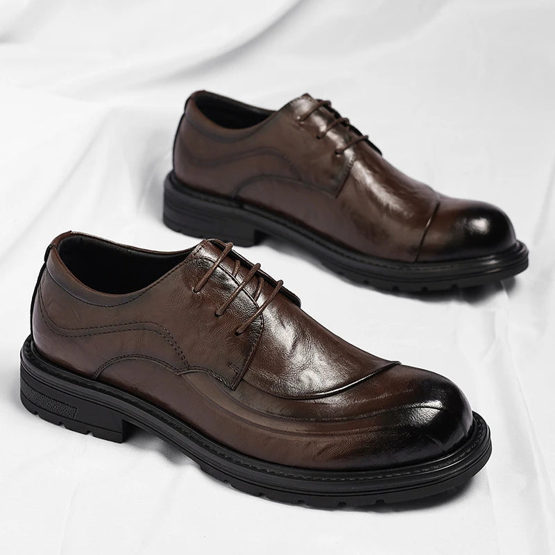 Brown Burnished Leather Lace Up Chunky Sole Formal Business Office Zpaxo