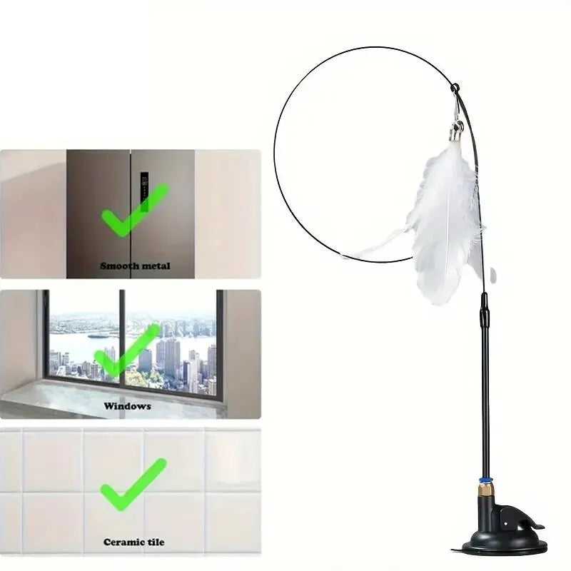Interactive Cat Teaser Wand Bell Feather Long Suction Cup Pole Toy
