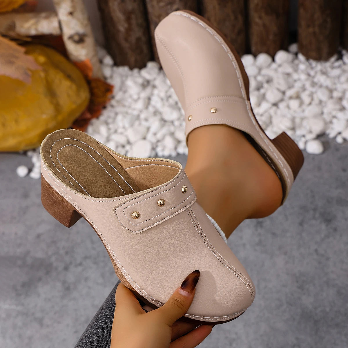 Women Slippers 2026 Chunky Heels Platform Sandals Summer Retro Round Zpaxo apricot color 43