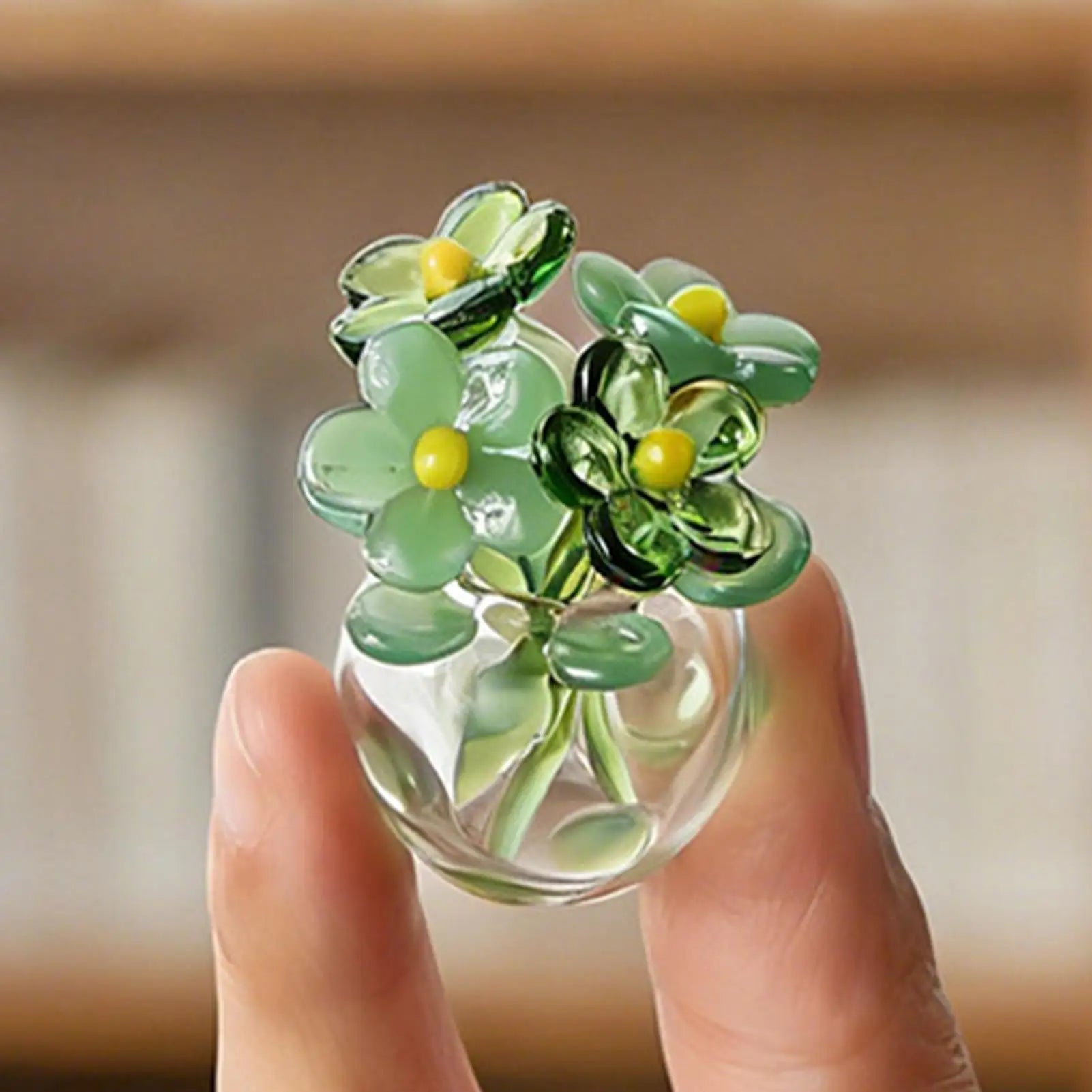 Mini Glass Flowers Artificial Bouquet Small Vase Handmade Green