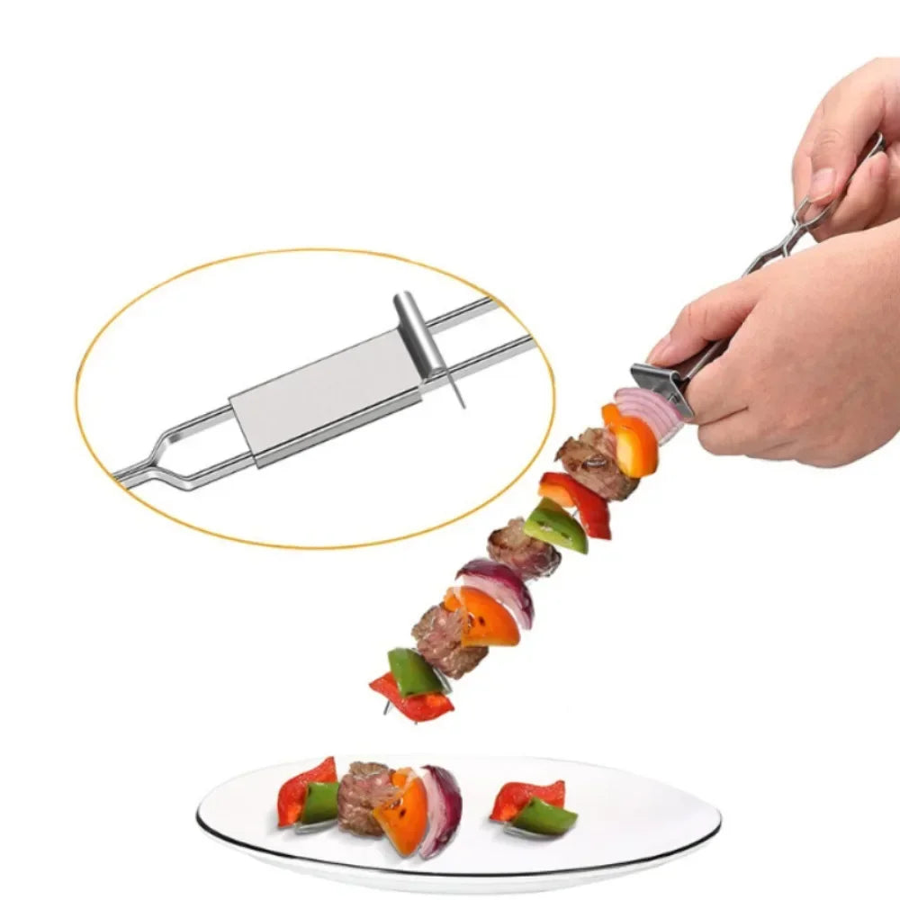 Stainless Steel BBQ Skewer Fork – Double Pin with Push Plate BBQ Skewer Fork Zpaxo
