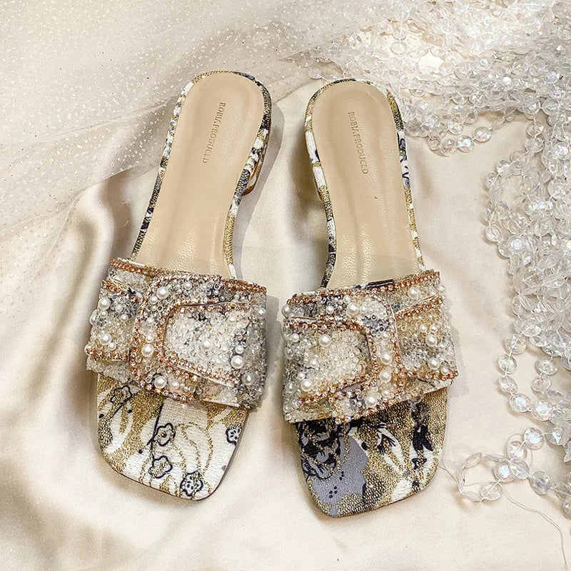 Slippers for Women 2025 New Summer Rhinestone Thick Heel Sandals for Women Fashion Flat Bottom for Women Outside Sandals Zpaxo