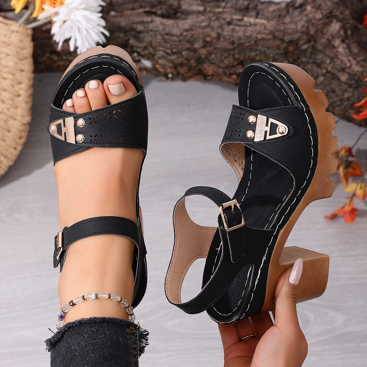 Women Chunky Heel Sandals Adjustable Buckle Strap Plus Size Shoes Solid Color One Line Fashion Sandals Women Zapatos De Mujer Zpaxo black 43