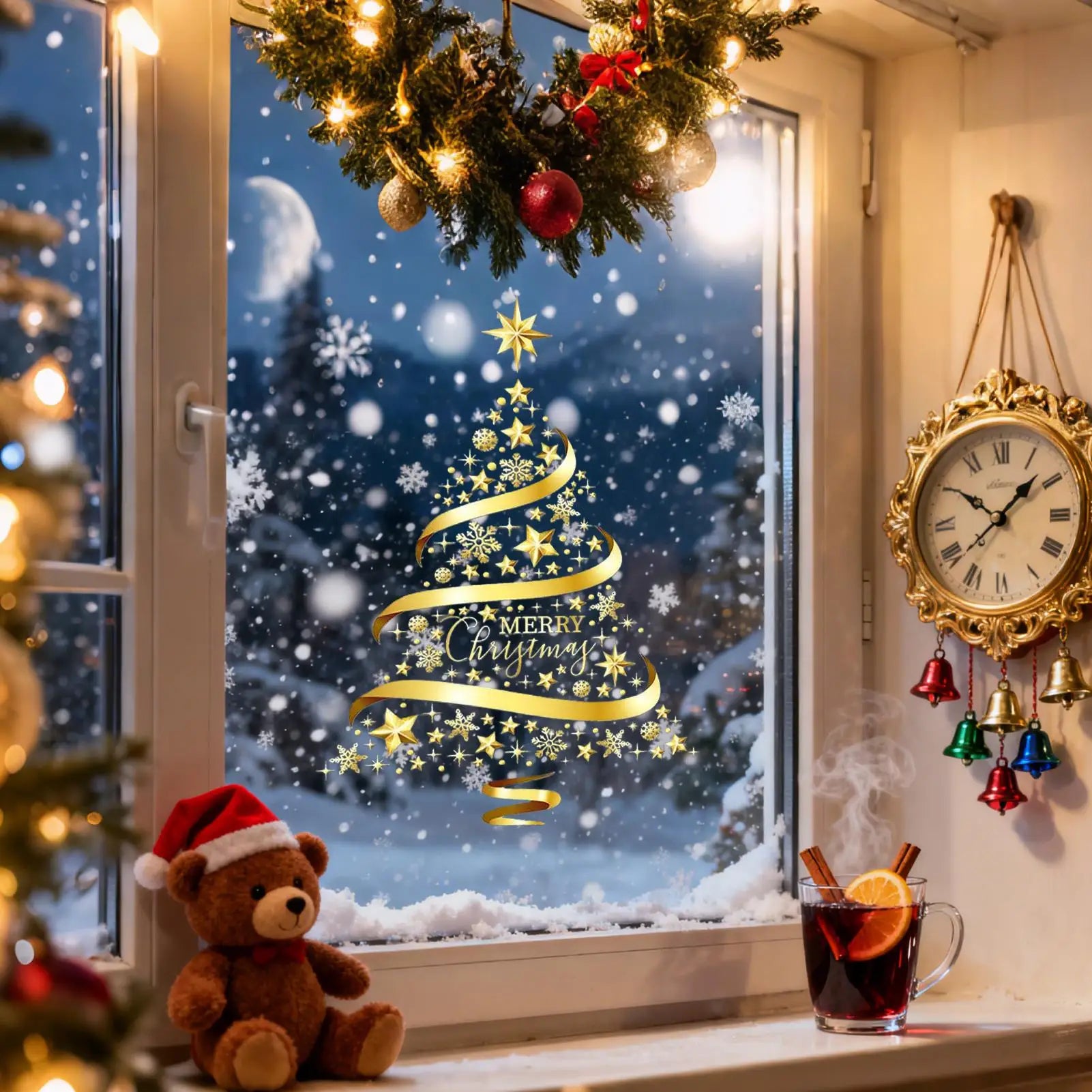 Christmas Window Clings PVC Golden Tree Electrostatic Door Indoor