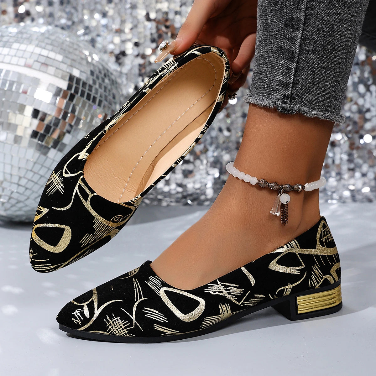 2025 New Women Low Heel Pumps Pointed Toe Flats Spring Casual Loafers Fashion Outdoor High Heels Shoes Retro Trend Elegant Shoes Zpaxo Gold 43