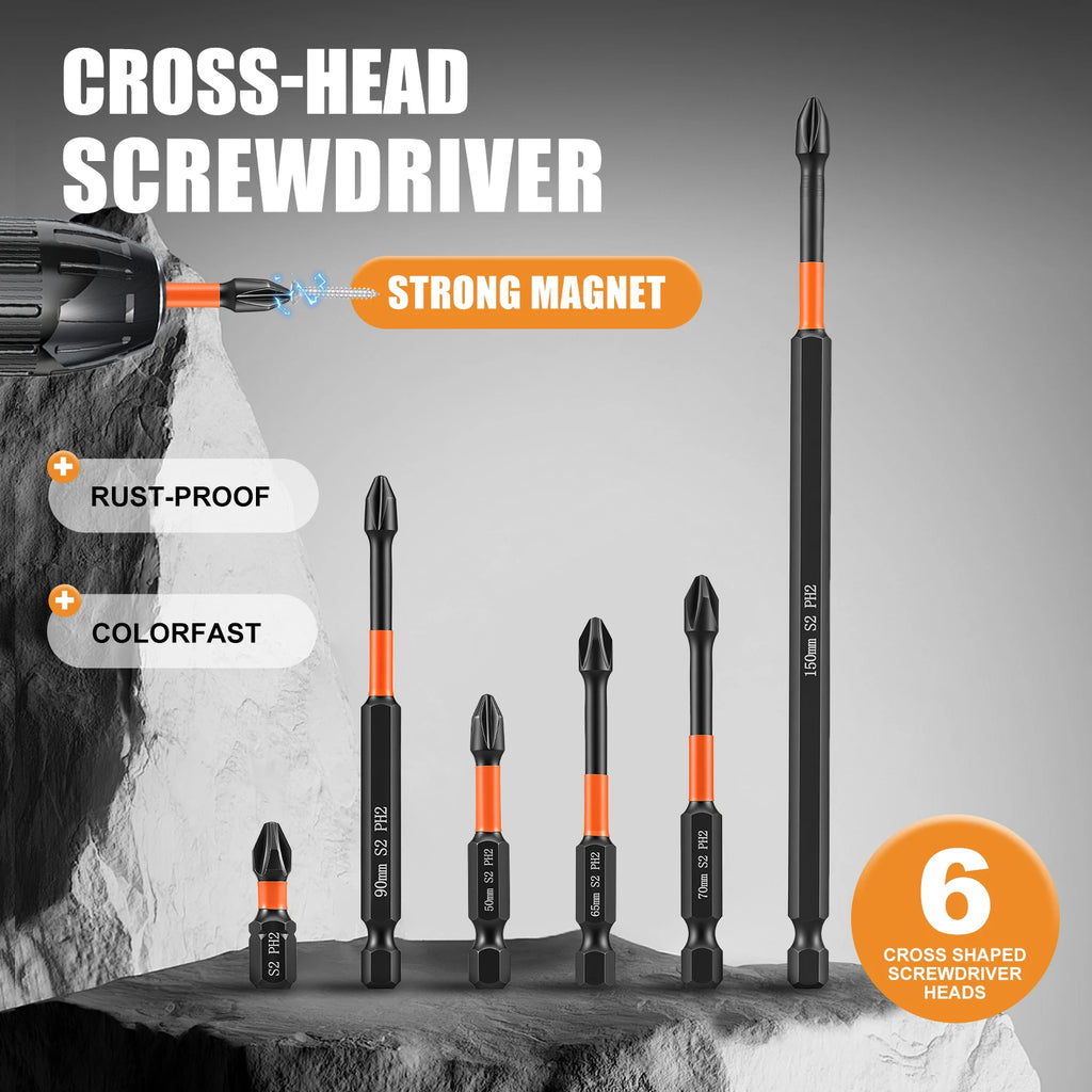 7pcs Cross Head Screwdriver Bit 25-150mm Magnetic Impact Driver Bit Chromium Molybdenum Steel 1/4 Inch Hex Shank for Screw Power Zpaxo