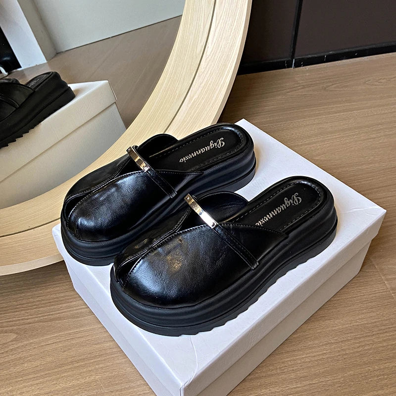 Shoes for Women 2025 High Quality Summer New Outdoor Low-heel Baotou Modern Slippers Square Heel PU Solid Women's Slippers Zpaxo