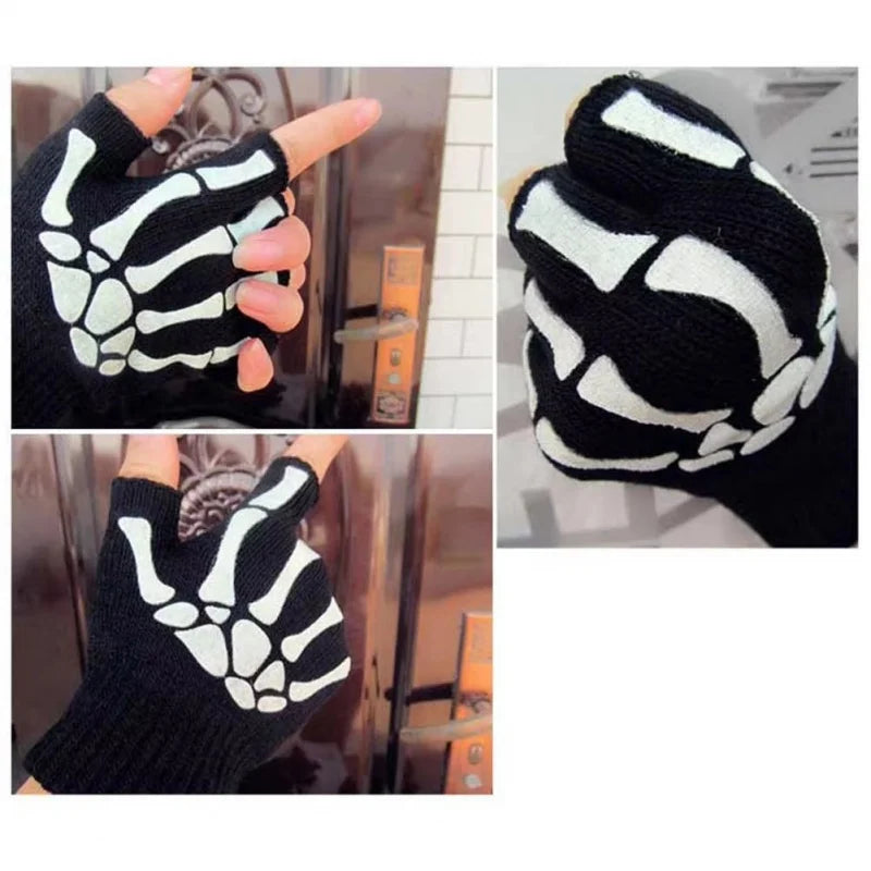 Glow-in-the-Dark Skeleton Fingerless Gloves | Halloween Mittens