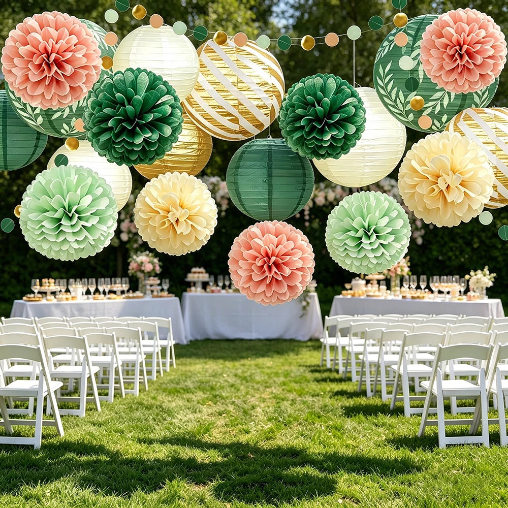 Sage Green Hanging Paper Lantern Tissue Pom Poms Party Decoration