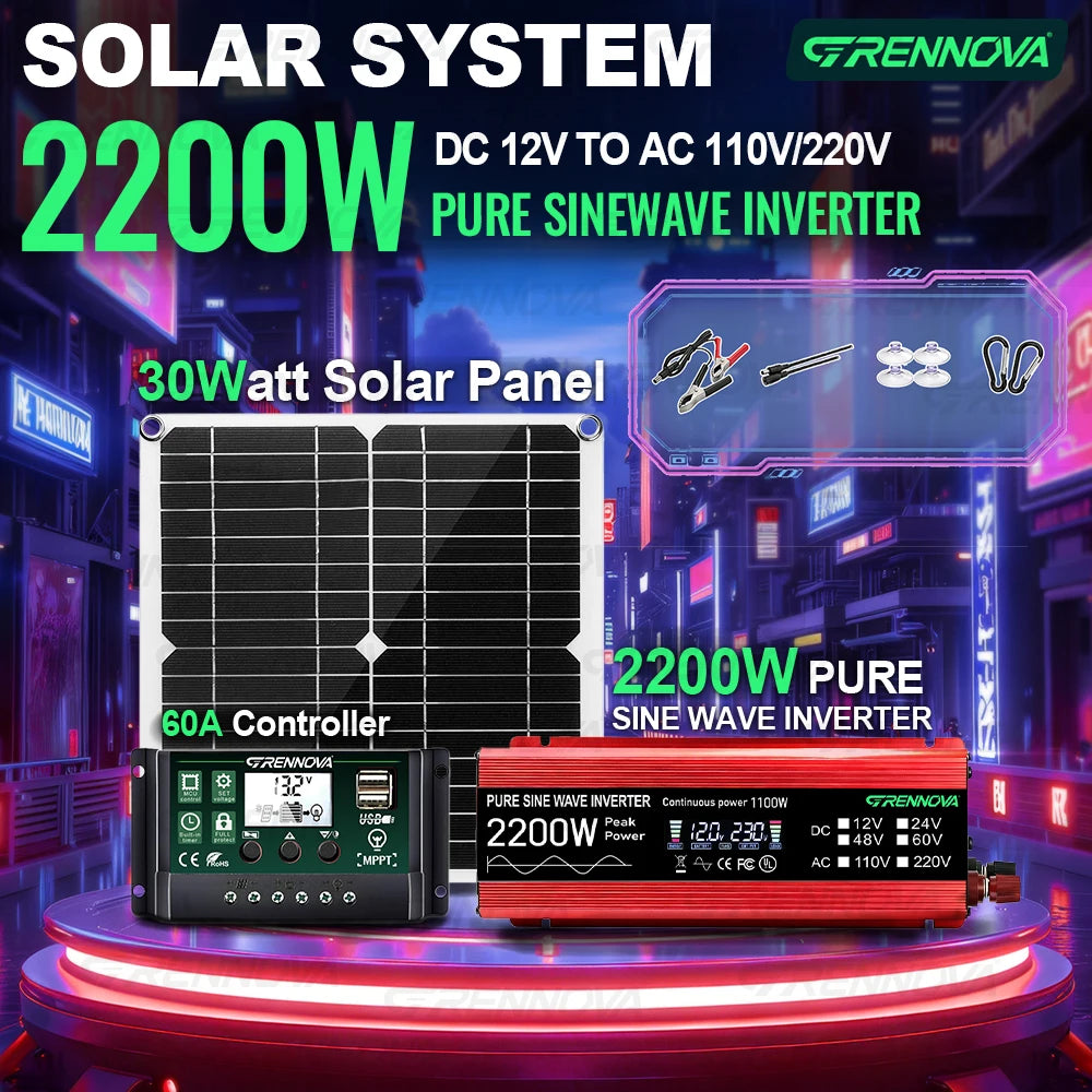 2200W Complete Grennova Solar Kit Pure Sine Inverter High Quality Panel 60A MPPT Controller Real Power For RV/Boat/Farm Home Zpaxo