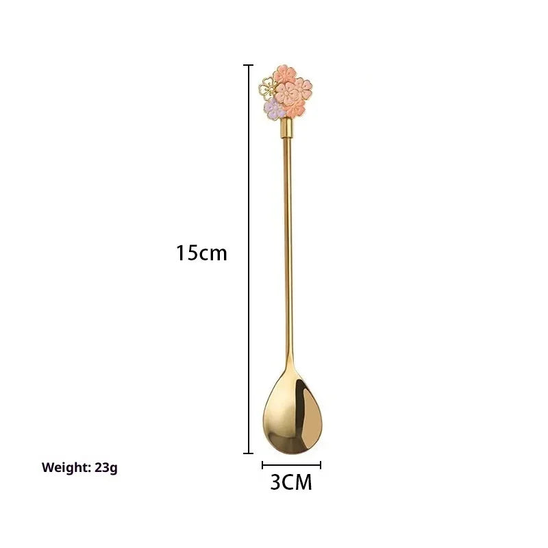 Japanese Cherry Blossom Stainless Steel Long Dessert Spoon Dessert Spoon Zpaxo Golden short spoon