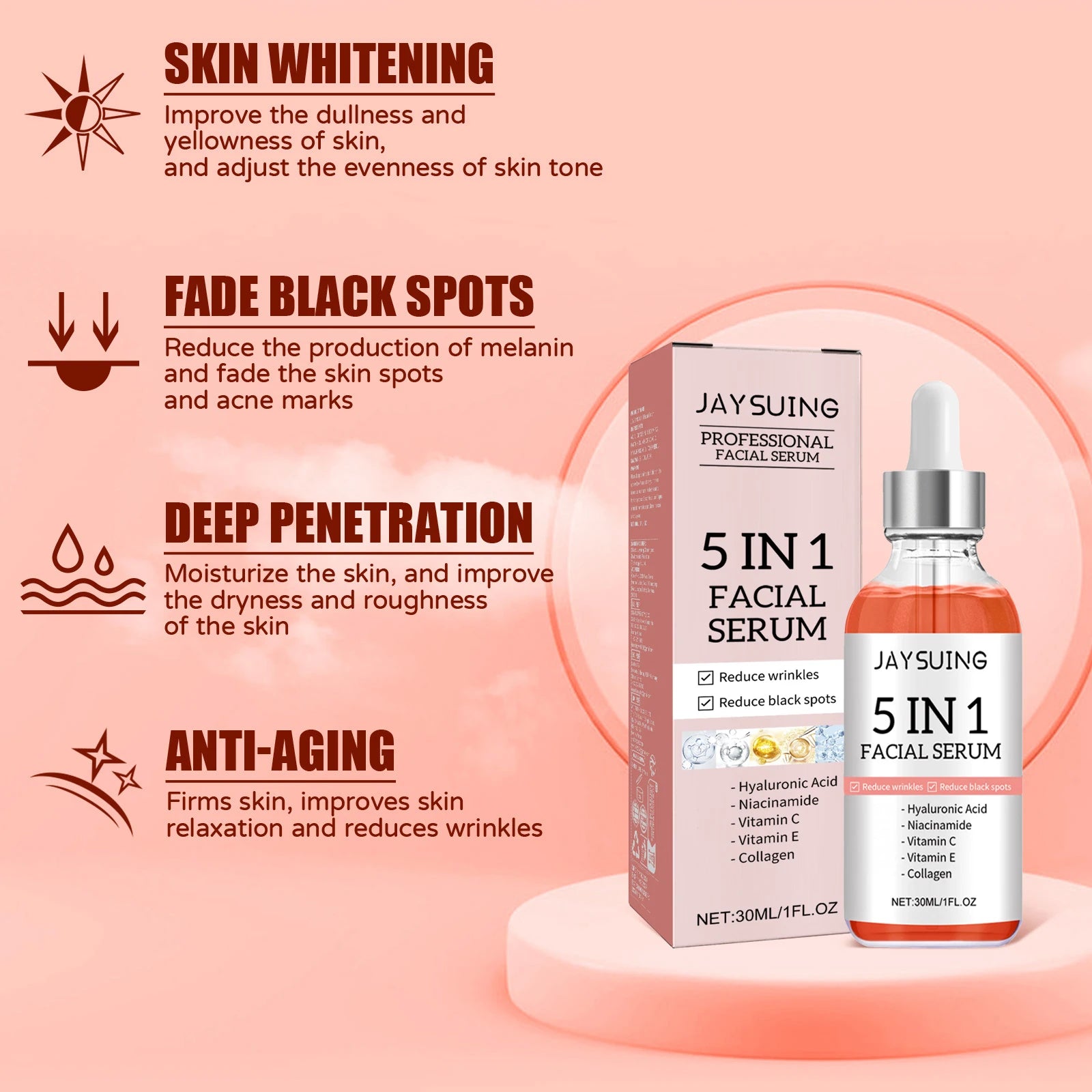 5 In 1 Face Serum Hyaluronic Acid Moisturizing Whitening Anti Wrinkle Aging Vitamin C Fade spots Shrink Pores Skin Care 30ml Zpaxo