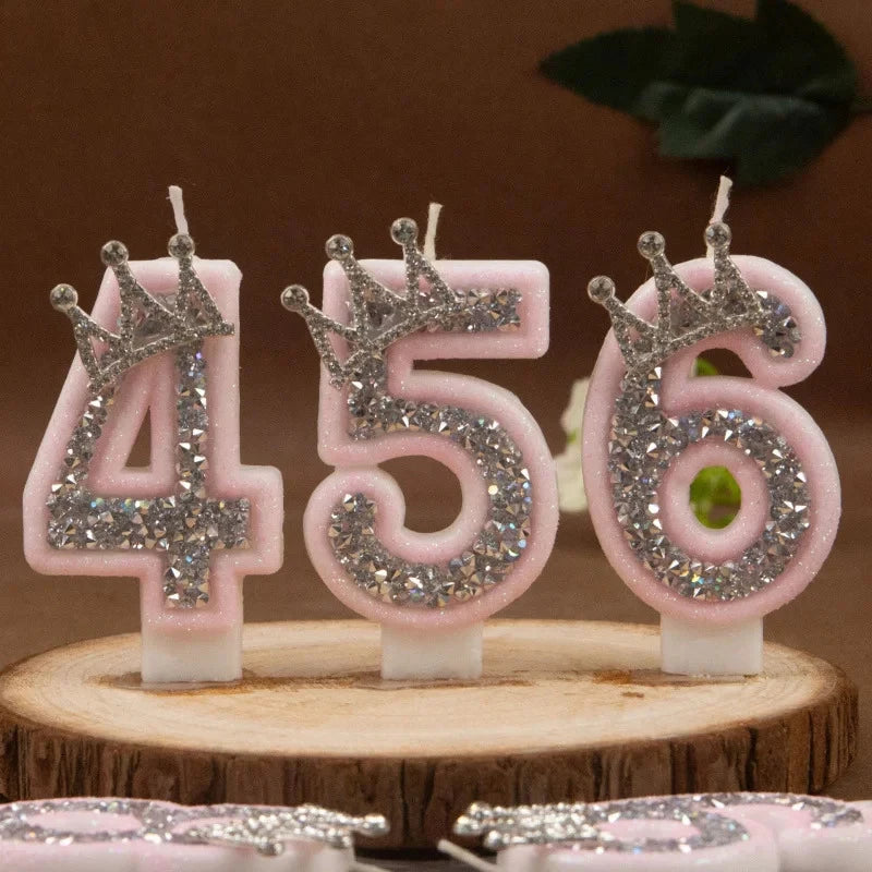 0-9 Pink Glitter Number Candle Silver Rhinestone Crown Kids Birthday