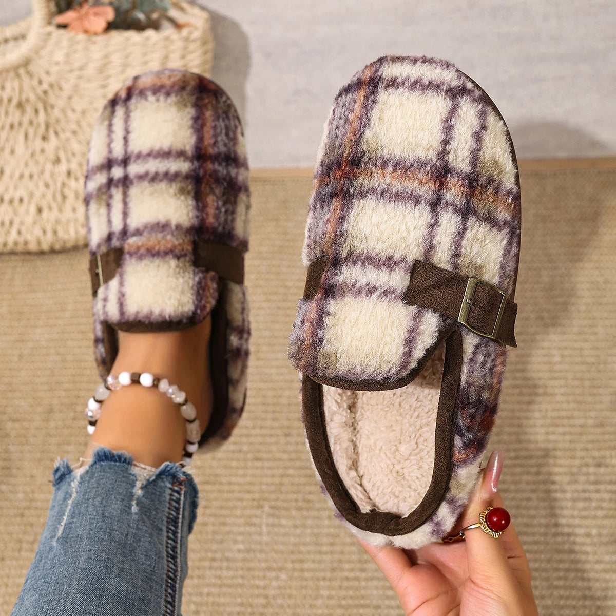 Women Slippers Fashion Outer Wear Style Women Cotton Slippers Retro Autumn Winter Warm Soft-soled Cotton Shoes Home Slides Women Zpaxo PURPLE 38-39
