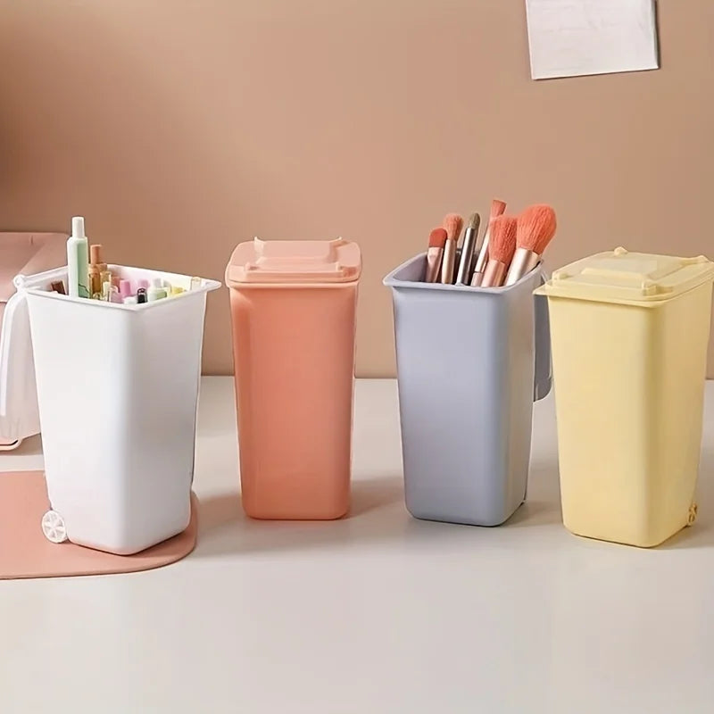 Mini Desktop Trash Can Wheels Lid Manual Lift Plastic Pen Holder