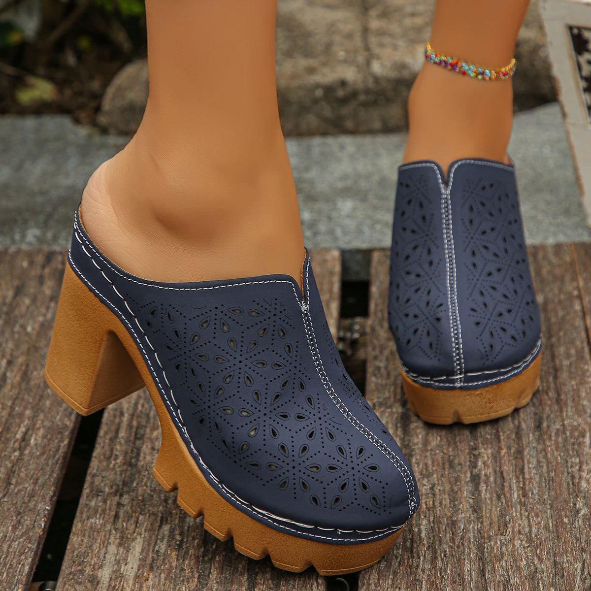 2025 Women High Heels Sandals Cover Toe Thick Heel Slippers Retro Round Toe Mules Shoes Women Comfortable Lightweight Sandals Zpaxo Blue 43